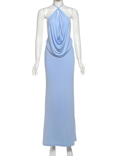 kliou Vacation New Women 2 Piece Set Hipster Solid Swinging Pleated Sexy Backless Tops+Straight Maxi Skirts Female Simple Outfit 5