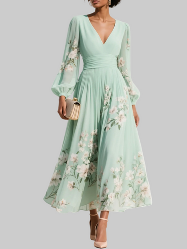 Long Sleeve Floral Midi Dress with Pleated Skirt