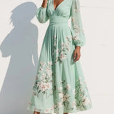 Long Sleeve Floral Midi Dress with Pleated Skirt