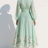 Long Sleeve Floral Midi Dress with Pleated Skirt