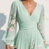 Long Sleeve Floral Midi Dress with Pleated Skirt