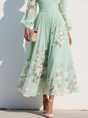 Long Sleeve Floral Midi Dress with Pleated Skirt