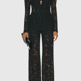 Long Sleeve Lace Blazer and Wide-Leg Trousers Two-Piece Suit Set