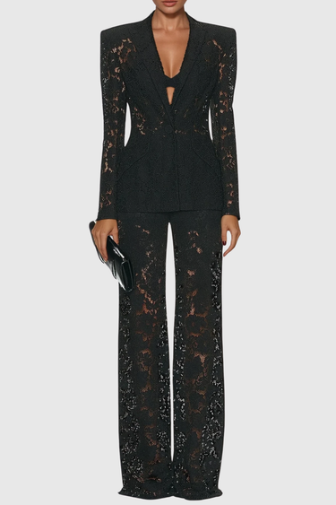 Long Sleeve Lace Blazer and Wide-Leg Trousers Two-Piece Suit Set