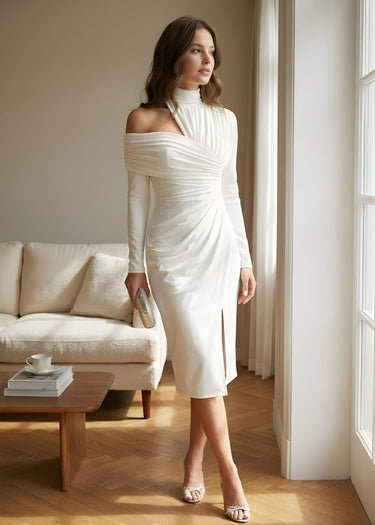 Long Sleeve One Shoulder Bodycon Midi Dress with Slit - Wedding Guest Cocktail Dress