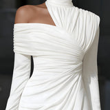 Long Sleeve One Shoulder Bodycon Midi Dress with Slit - Wedding Guest Cocktail Dress