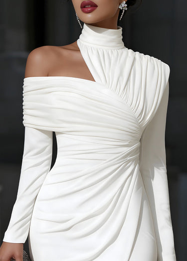 Long Sleeve One Shoulder Bodycon Midi Dress with Slit - Wedding Guest Cocktail Dress