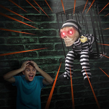 Motion Activated Halloween Decor Skeleton Cage Decoration Red LED - Image 2