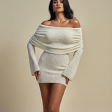 Off-Shoulder Bouclé Knit Long Sleeve Mini Dress