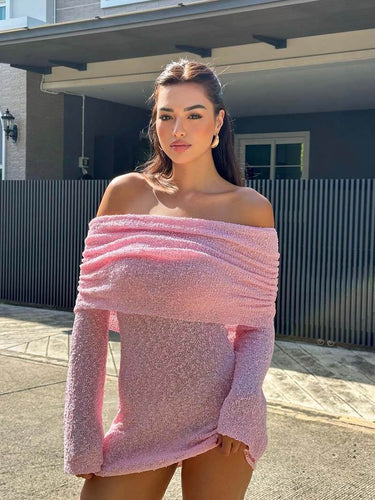 Off-Shoulder Bouclé Knit Long Sleeve Mini Dress