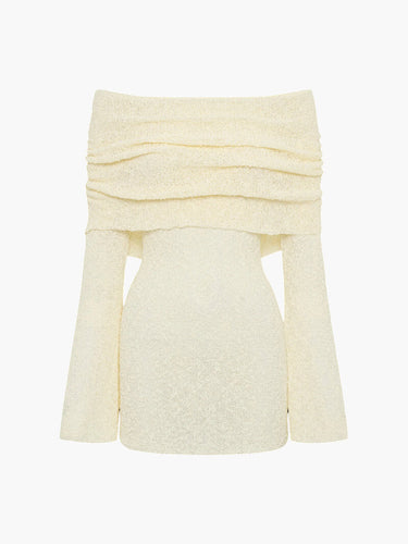 Off-Shoulder Bouclé Knit Long Sleeve Mini Dress