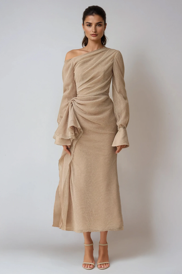 One-Shoulder Draped Long Sleeve Formal Maxi Dress