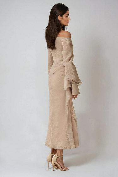 One-Shoulder Draped Long Sleeve Formal Maxi Dress