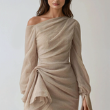 One-Shoulder Draped Long Sleeve Formal Maxi Dress