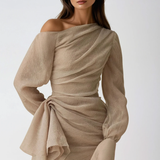 One-Shoulder Draped Long Sleeve Formal Maxi Dress