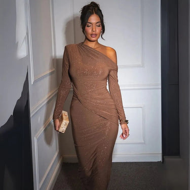 One-Shoulder Glitter Ruched Long Sleeve Maxi Dress