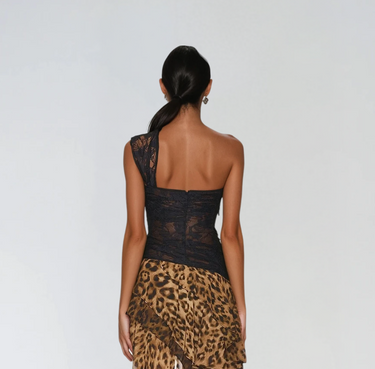 One-Shoulder Lace and Leopard Print Asymmetric Maxi Dress