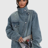 Oversized Asymmetric Button-Up Denim Jacket for Women