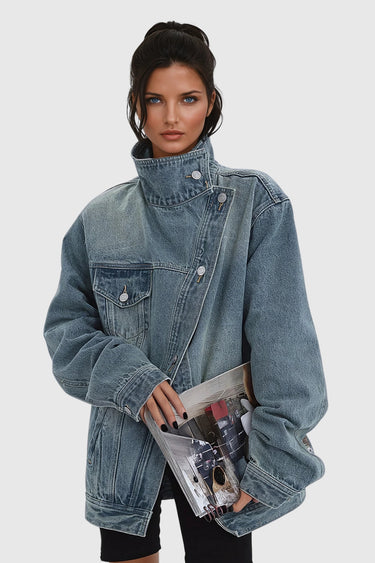 Oversized Asymmetric Button-Up Denim Jacket for Women