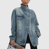 Oversized Asymmetric Button-Up Denim Jacket for Women