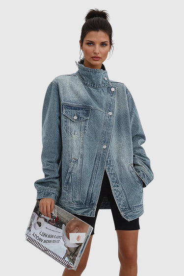 Oversized Asymmetric Button-Up Denim Jacket for Women