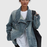 Oversized Asymmetric Button-Up Denim Jacket for Women