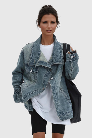 Oversized Asymmetric Button-Up Denim Jacket for Women