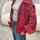 Oversized Zip-Up Bomber Jacket with Collar for Women