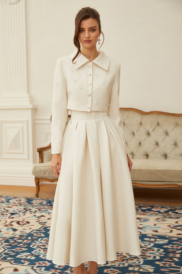 Pearl Embellished Cropped Jacket and Pleated Skirt Two-Piece Set