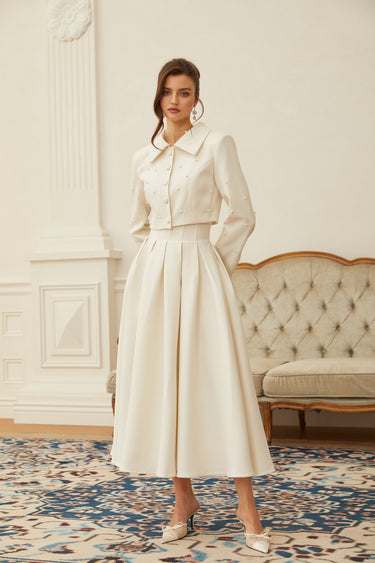 Pearl Embellished Cropped Jacket and Pleated Skirt Two-Piece Set