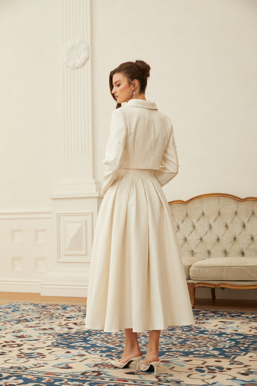 Pearl Embellished Cropped Jacket and Pleated Skirt Two-Piece Set