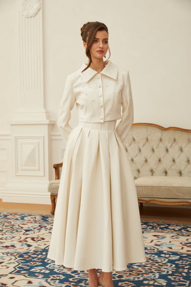 Pearl Embellished Cropped Jacket and Pleated Skirt Two-Piece Set