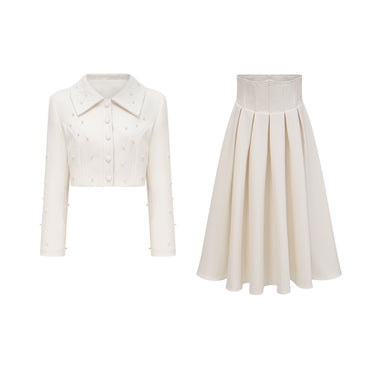 Pearl Embellished Cropped Jacket and Pleated Skirt Two-Piece Set