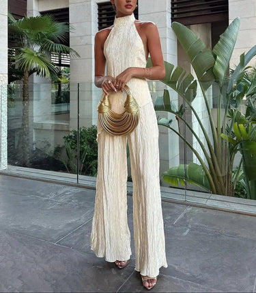 Pleated Halter Top and Wide-Leg Trousers Two-Piece Set