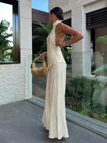 Pleated Halter Top and Wide-Leg Trousers Two-Piece Set