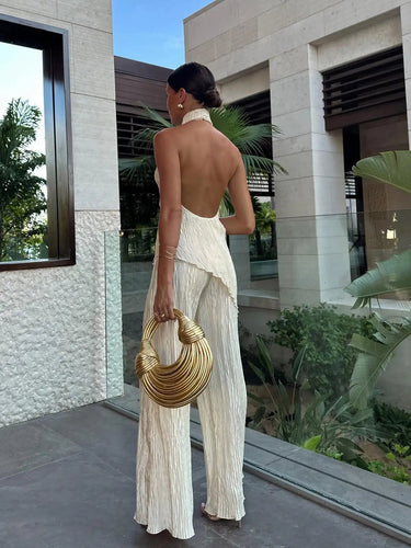 Pleated Halter Top and Wide-Leg Trousers Two-Piece Set