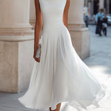 Pleated Midi Dress with Draped Neckline - Sleeveless Elegant Evening Dress