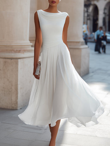 Pleated Midi Dress with Draped Neckline - Sleeveless Elegant Evening Dress