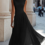 Pleated Midi Dress with Draped Neckline - Sleeveless Elegant Evening Dress