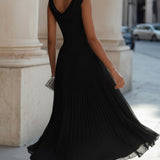 Pleated Midi Dress with Draped Neckline - Sleeveless Elegant Evening Dress