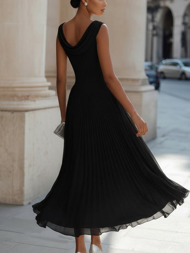 Pleated Midi Dress with Draped Neckline - Sleeveless Elegant Evening Dress