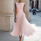 Pleated Midi Dress with Draped Neckline - Sleeveless Elegant Evening Dress