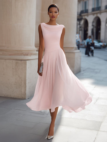 Pleated Midi Dress with Draped Neckline - Sleeveless Elegant Evening Dress