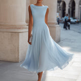 Pleated Midi Dress with Draped Neckline - Sleeveless Elegant Evening Dress