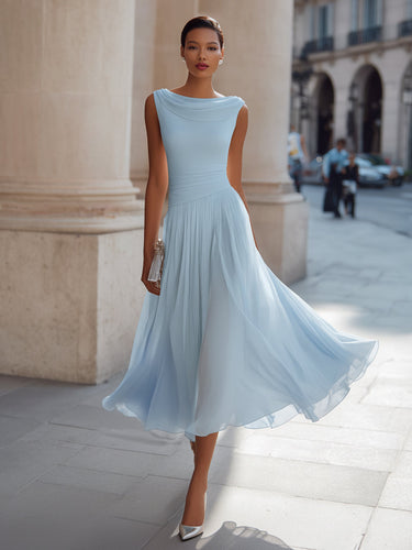 Pleated Midi Dress with Draped Neckline - Sleeveless Elegant Evening Dress