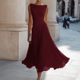 Pleated Midi Dress with Draped Neckline - Sleeveless Elegant Evening Dress