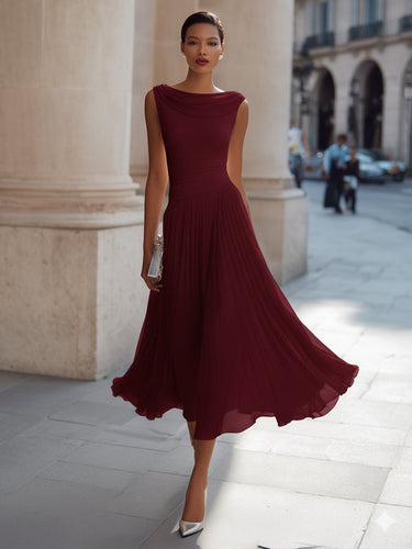 Pleated Midi Dress with Draped Neckline - Sleeveless Elegant Evening Dress