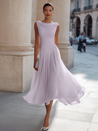 Pleated Midi Dress with Draped Neckline - Sleeveless Elegant Evening Dress