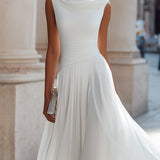 Pleated Midi Dress with Draped Neckline - Sleeveless Elegant Evening Dress