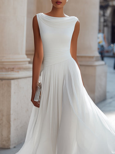 Pleated Midi Dress with Draped Neckline - Sleeveless Elegant Evening Dress
